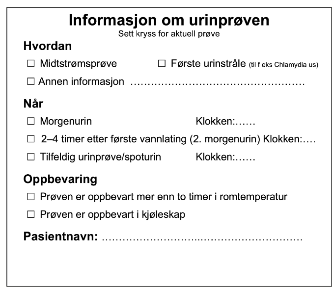 Informasjon om urinprøven, avkrysningsskjema.